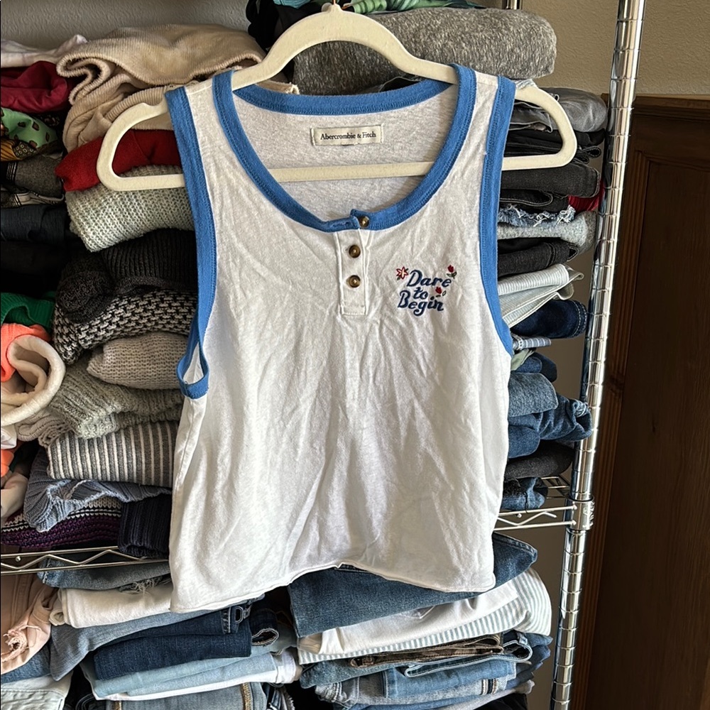 Abercrombie & Fitch White and Blue Tank Top Sporty Design